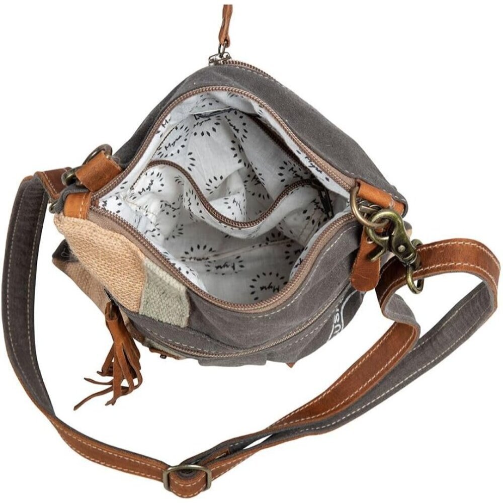 Women’s Upcycled Canvas Leather Crossbody Bag Adjustable Strap Gift - Picture 6 of 7